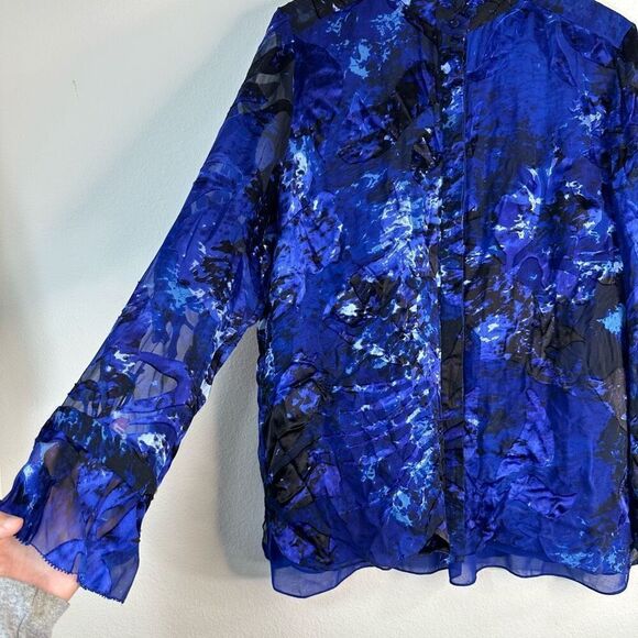 Elie Tahari Womens Teddie Printed Ruffle Neck Blouse XL Mod Fairycore Silk Blend - Picture 4 of 11